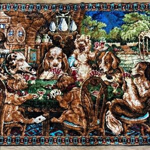 Vintage Dogs Playing Poker Tapestry Wall Hanging Rug Velvety Throw 60s 70s